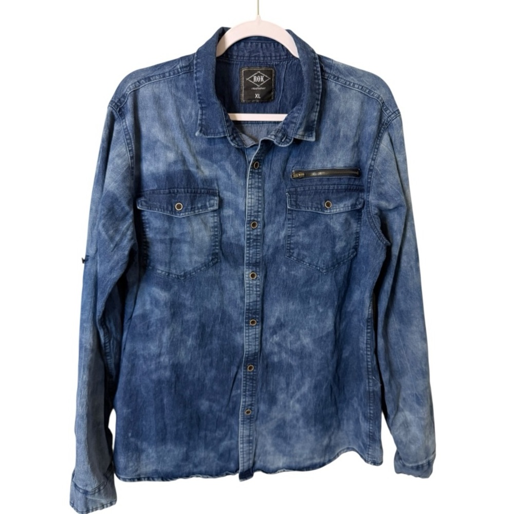 ROK Hand Crafted Acid Wash Denim Shirt XL Long Sleeve Grunge Western